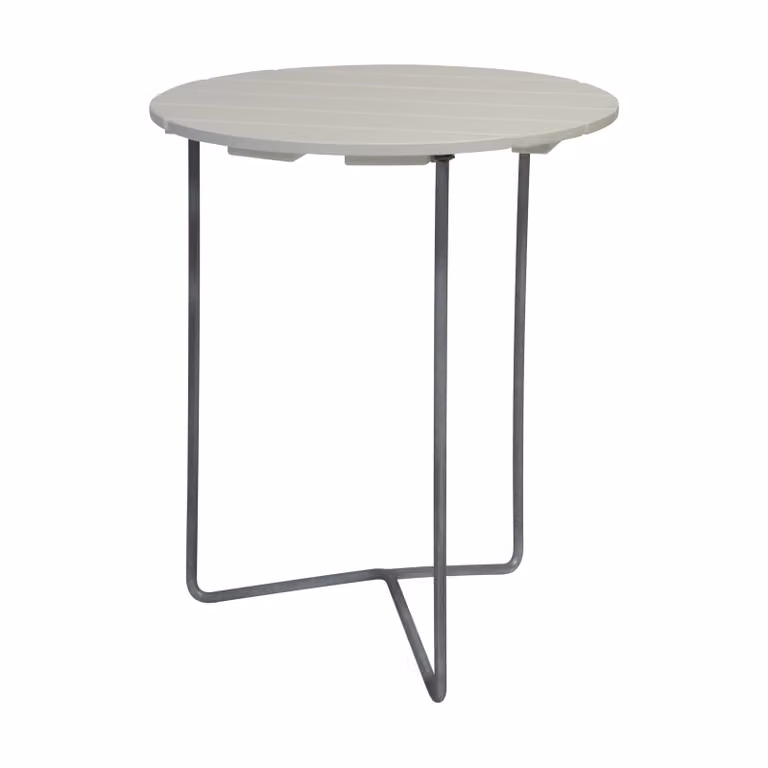 Grythyttan Stålmöbler Table 6B tafel witgelakt eiken met gegalvaniseerde poten, Ø60 cm