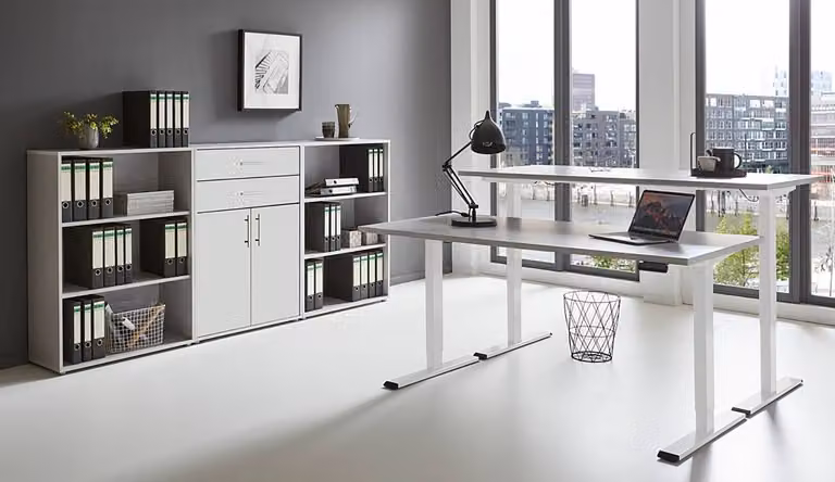 home24 Kantoorset 4-delig, grijs/lichtgrijs/hoogglans wit, B: 114 cm, D: 33 cm, H: 85 cm