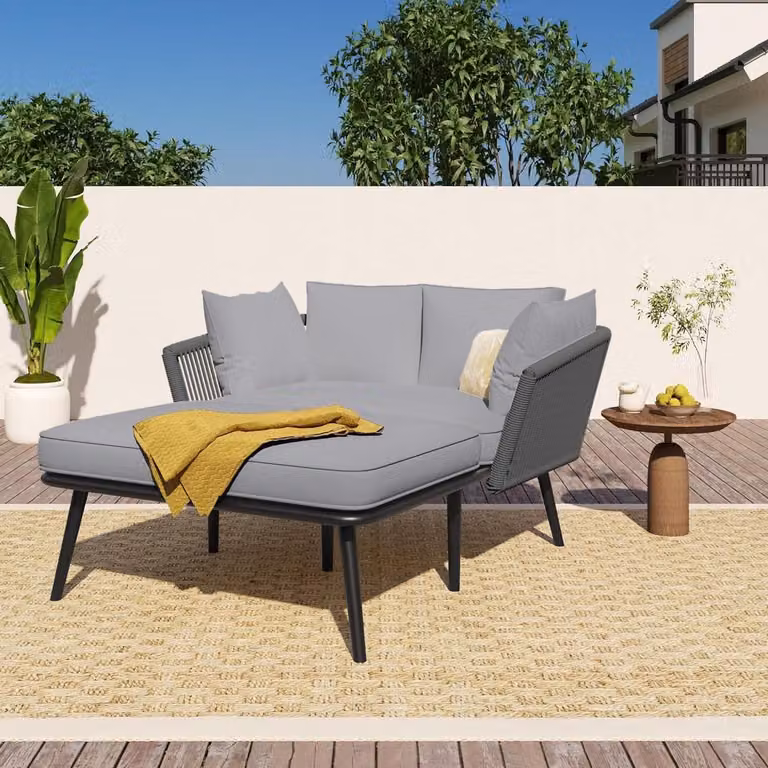 Grijs tuinbank met kussens en handgeweven touwdetails, B/D/H: 120 x 130 x 67 cm