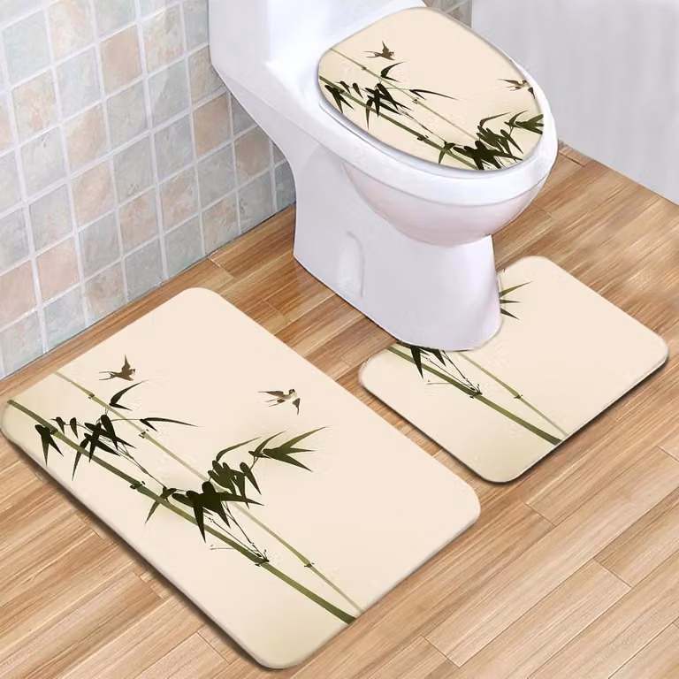 3-delige badkamermat set in bamboe kleur, 45 x 75 cm