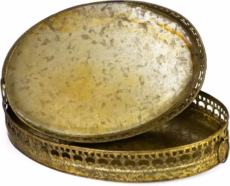 Decoratieve Dienbladen Set van 2 Ovale Schalen in Antiek Goud Metaal - 35 x 32 cm