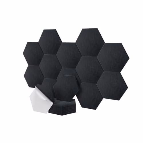Relaxdays Set van 18 Hexagon Akoestische Wandpanelen, Zelfklevend, Zwart, Polyestervezel