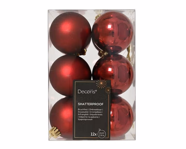 Decoris 12 onbreekbare kerstballen ossenbloed, diameter: 6 cm