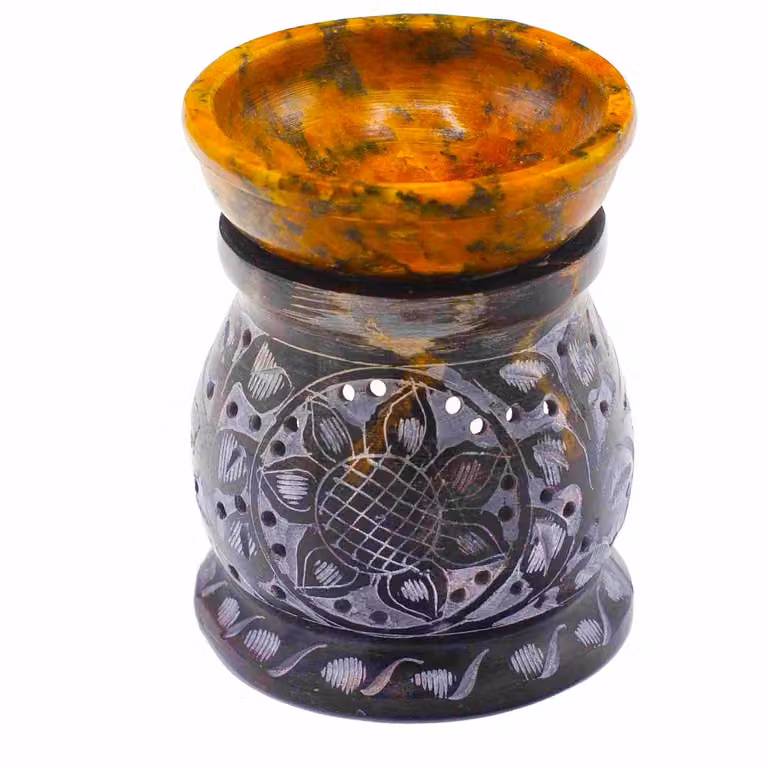 Ancient Wisdom Zeepsteen oliebrander Mandala bloem zwart & geel 10 cm