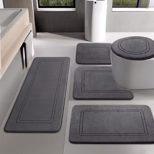 Chakme 5-delige badmatset van traagschuim met U-vormige wc-mat, antislip en wasbaar, donkergrijs
