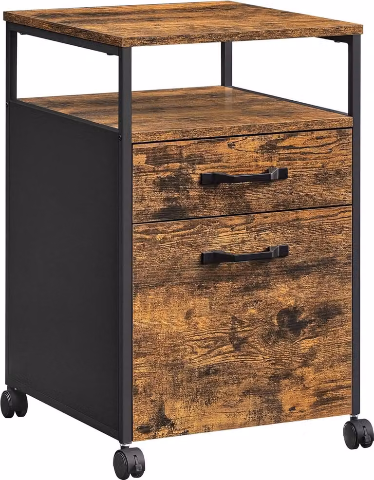 Verrijdbare archiefkast met 2 laden en open compartiment voor hangdossiers, industrieel ontwerp, vintage bruin-zwart