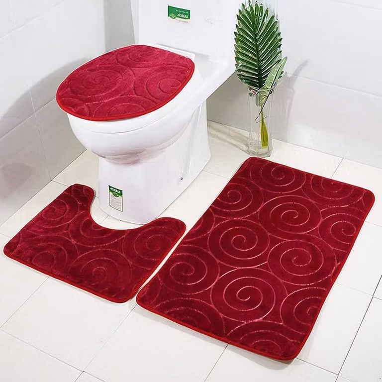 3-delige antislip badmattenset met U-vorm contourbadmat en wc-tapijt in rood