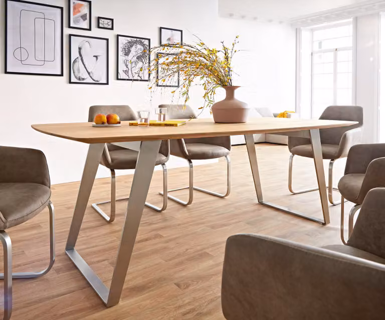 DELIFE Eettafel Edge Boot, Ovaal, Eikenhout en Roestvrij Staal, Bruin/Zilver, B/D/H: 200 x 100 x 74 cm