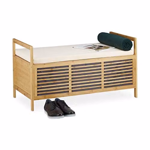 Relaxdays Poef van bamboe met opbergruimte en afneembaar kussen, beige/bruin