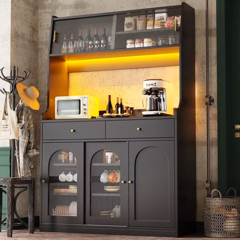 Hoge Keukenkast met LED Verlichting en Glazen Deuren - Zwart Dressoir met Laden - B/D/H: 120 x 40 x 180 cm