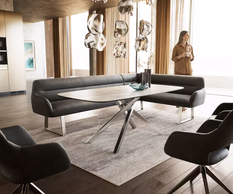 DELIFE Taya-Flex Eetkamerbank in microvelours, Anthraciet, L-vormig rechts, B: 282 cm, D: 190 cm, H: 87 cm