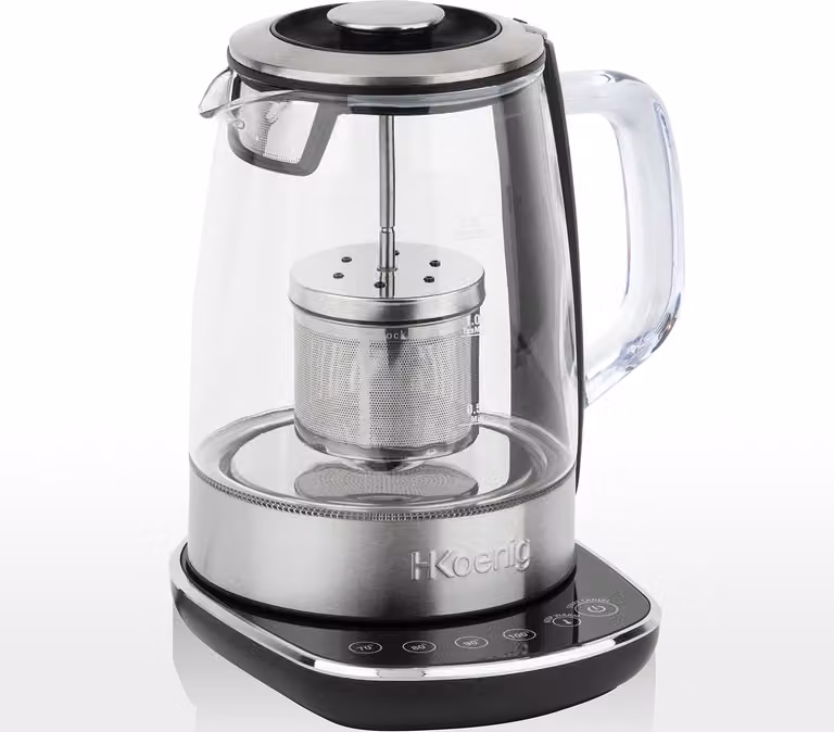 H.Koenig elektrische waterkoker TI600, 1,5 liter, glazen kan met roestvrijstalen theefilter en instelbare thermostaat 70° - 100°C