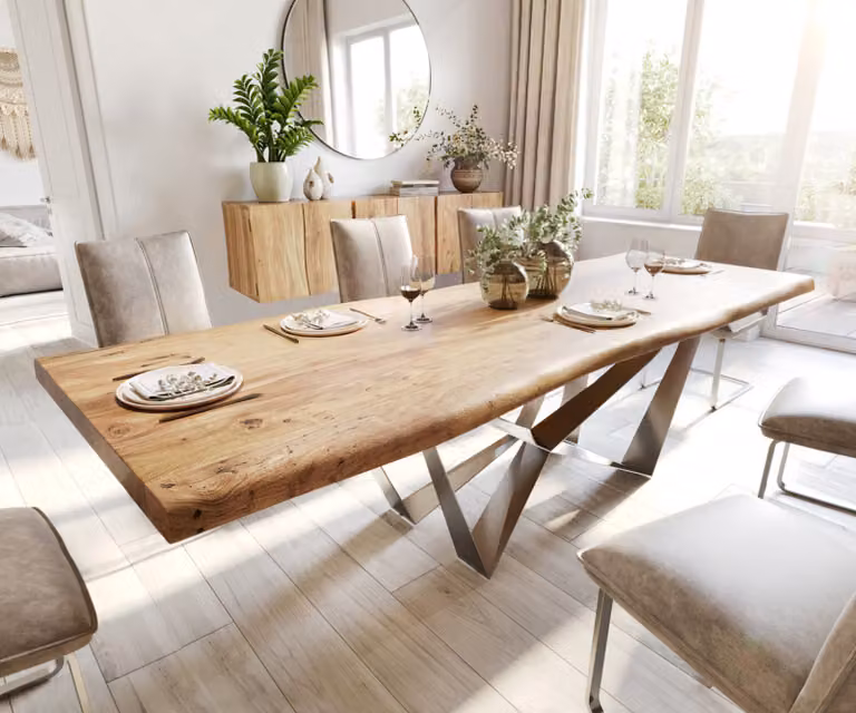 DELIFE Eettafel Edge Live-Edge Acacia en Roestvrij Staal, Bruin/Zilver, B: 280 cm, D: 100 cm, H: 75,5 cm