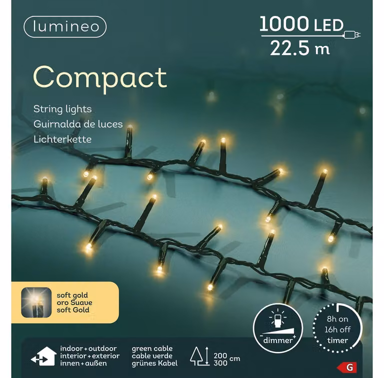 Lumineo Led compact kerstverlichting 22,5 meter 1000 LED groen/soft gold