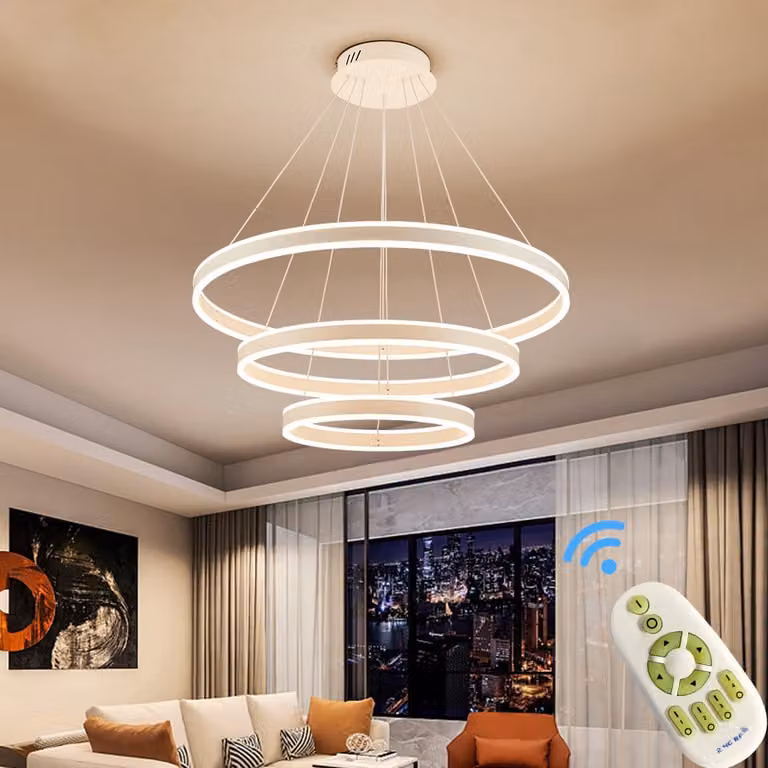 Eurotondisplay LED hanglamp met 3 ringen, wit, dimbaar met afstandsbediening en instelbare lichtkleur, B/D/H: 40 x 60 x 80 cm, hoogte verstelbaar tot 120 cm