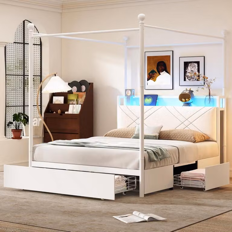 Wit tweepersoons hemelbed met LED-verlichting en USB-poorten, B/D/H: 140 x 190 cm