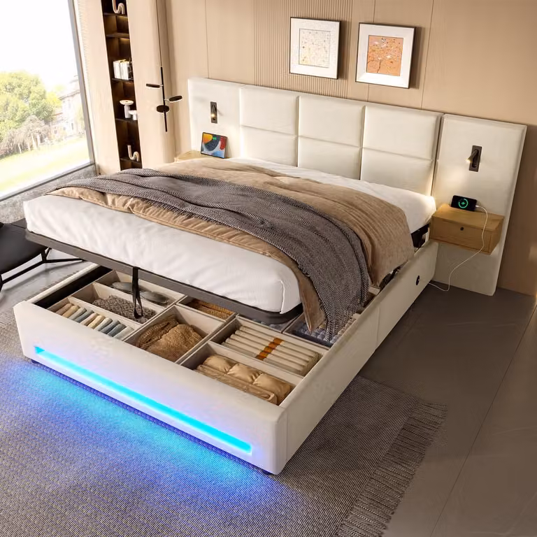 REDOM Gestoffeerd Bed met Opbergruimte, USB-C en Verlichting, Fluweel, Beige, 180 x 200 cm
