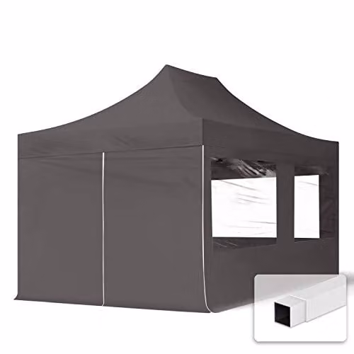 TOOLPORT Easy Up Partytent met 4 zijwanden en panoramavensters, Grijs, 3 x 4,5 m