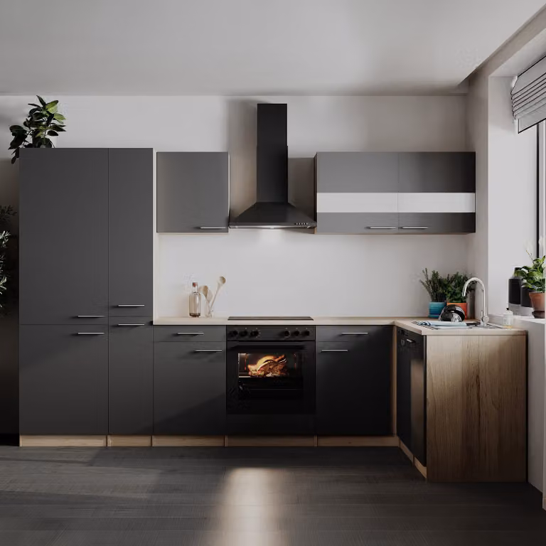 home24 Hoekkeuken Merle combi grijs/grijs met glaskeramiek, Breedte: 310 cm