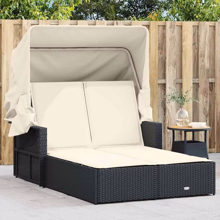 vidaXL Dubbele ligbed met zonnedak en kussens, zwart, polyrotan