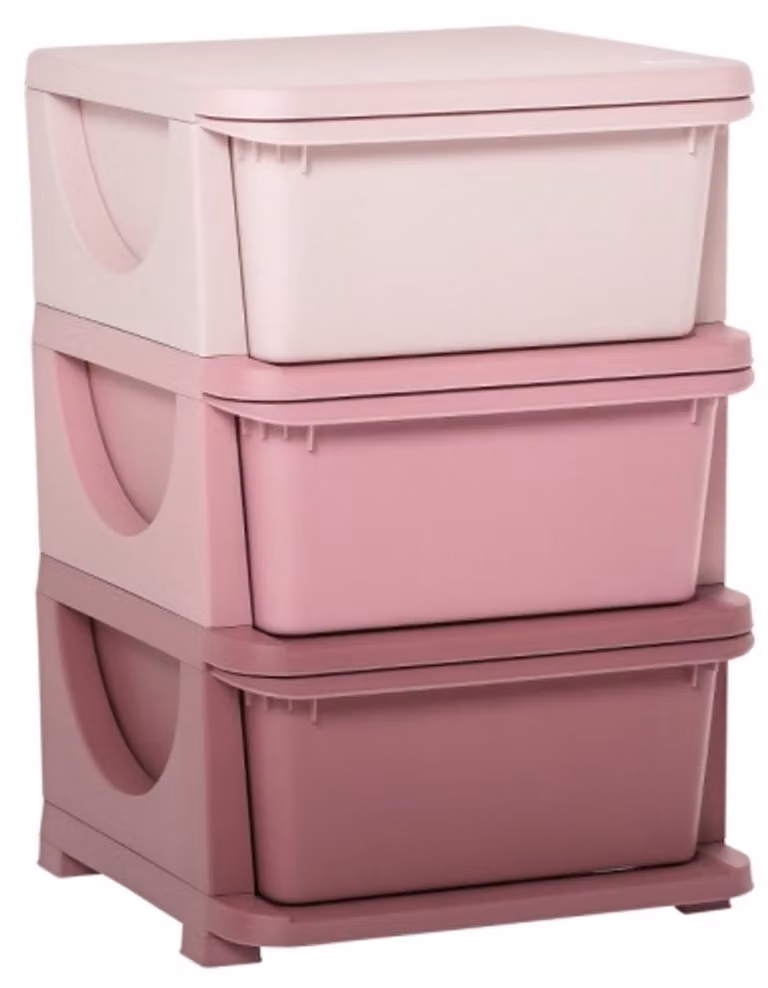 Roze Plastic Opbergdoos met 3 Lades en Handvatten voor de Kinderkamer, B/D/H: 37 x 37 x 56,5 cm