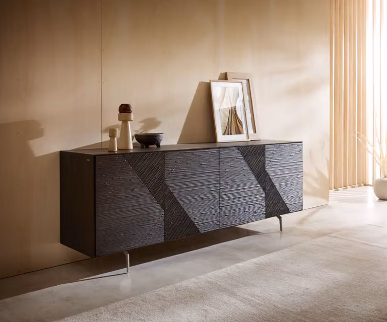 DELIFE Dressoir Tereos 200 cm donkerbruin essenhout 3D-effect 4 deuren met geborsteld RVS hoekpoten