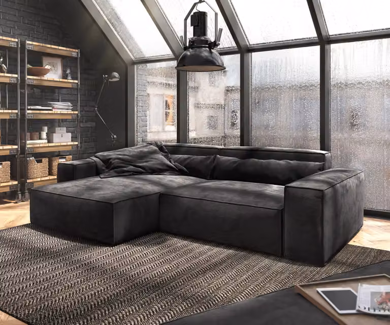 DELIFE Hoekbank Sirpio XL zwart microvezel met kruk en sierkussens B/D/H: 266 x 173 x 71 cm