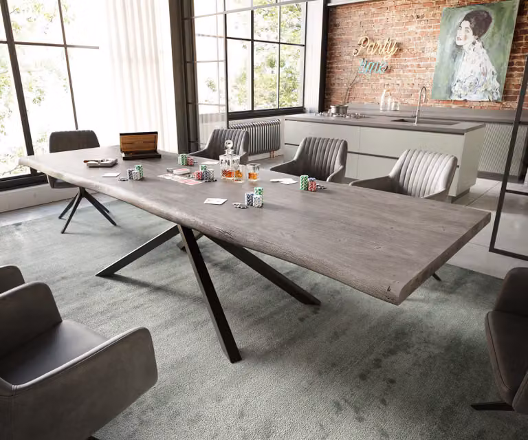 DELIFE Eettafel Edge Live-Edge Acacia Platina Zwart met Kruisframe B: 300 cm, D: 100 cm, H: 75,5 cm