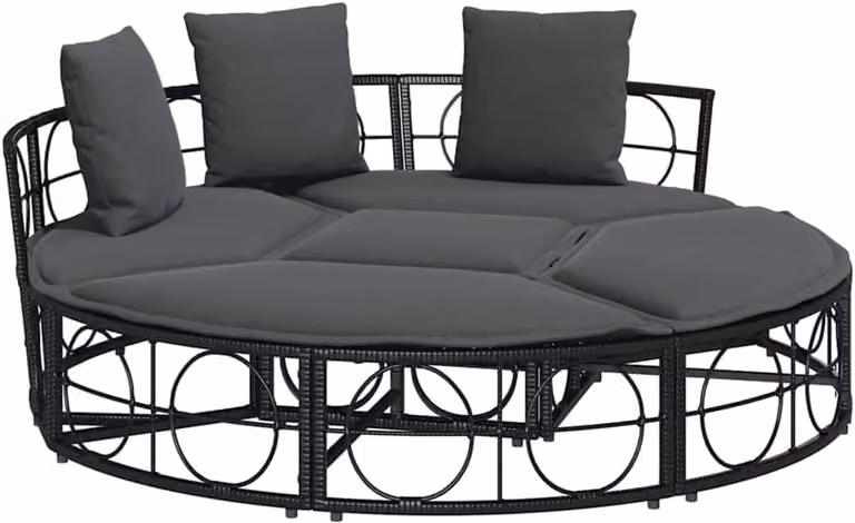 Rond Loungebed in zwart polyrotan met kussens voor je tuin, terras of balkon, diameter: 160 cm