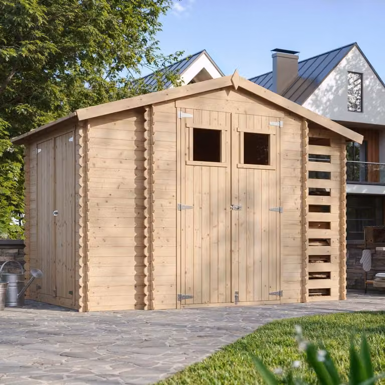 TIMBELA M389 Houten Tuinhuis met Houtopslag en Waterdicht Dak, B/D/H: 328 x 206 x 218 cm