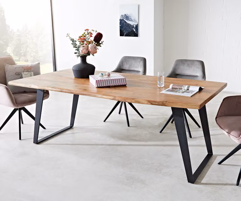 DELIFE Eettafel Edge Live-Edge Acacia en Metaal, Bruin/Zwart, B: 200 cm, D: 100 cm, H: 74,5 cm