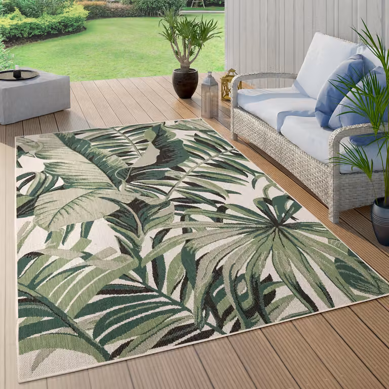 Paco Home Buitentapijt met jungle-motief en bloemenprint, Groen, 160 x 230 cm