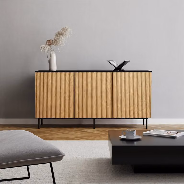 Bronx71 Dressoir met soft-close lades, zwart en bruin eiken, 160 cm