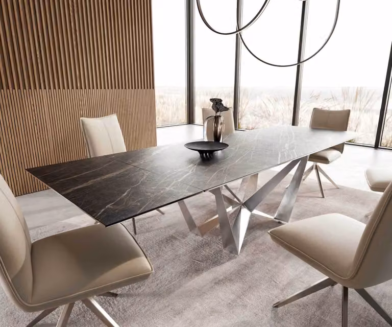 DELIFE Edge Eetkamertafel met keramisch blad Laminam Noir Desir, uitschuifbaar, Bruin/Zilver/Zwart, B: 200-300 cm, D: 100 cm