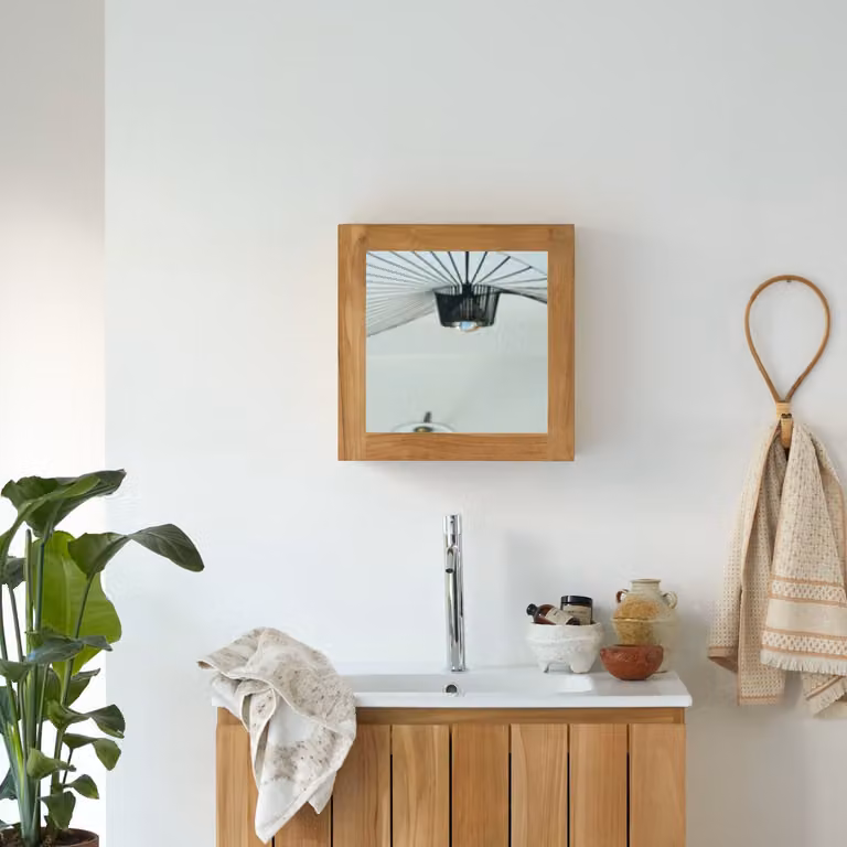 Tikamoon Badkamerkastje met Spiegel en LED-verlichting - Massief Teak - Bruin/Beige