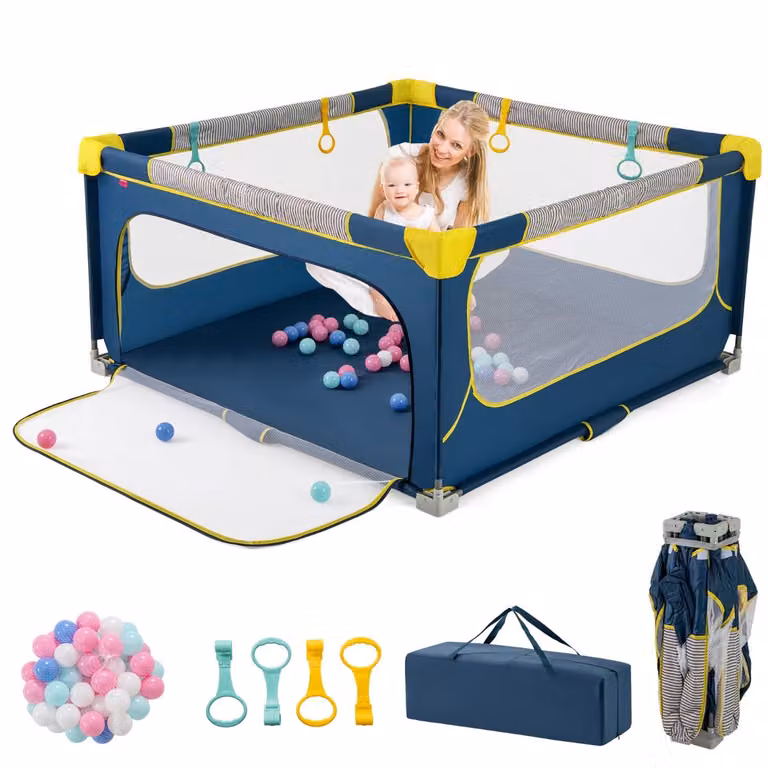 Costway Babybox met ritssluiting en peuterveiligheidshek, donkerblauw, inclusief 50 zeeballen en 4 hijsringen