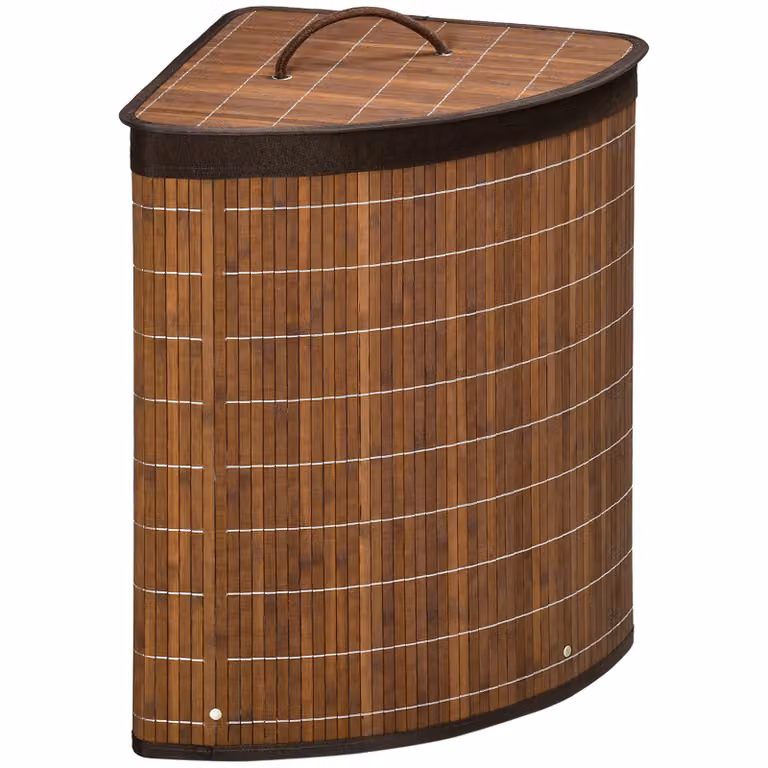 HOMCOM Hoek Wasmand Bruin - Driehoekige Bamboe Wasmand met Uitneembare Binnenzak en Deksel - B/D/H: 38 x 38 x 57 cm