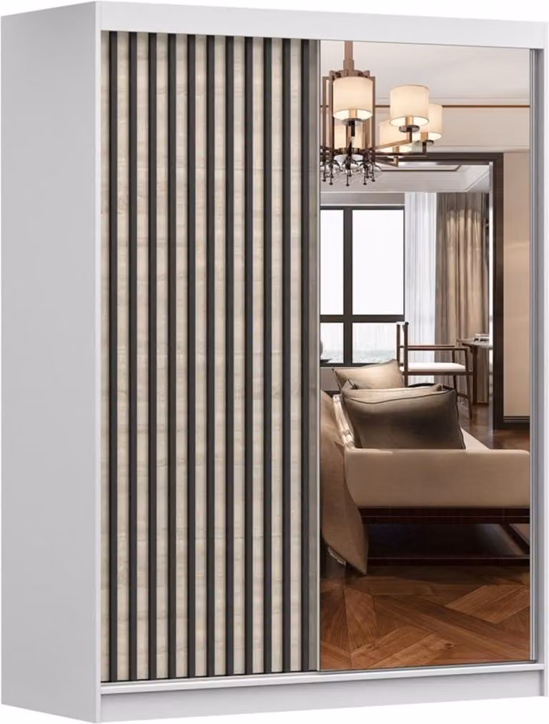LABI S1 Kledingkast met Spiegel en Schuifdeuren, Wit + Sonoma, B/D/H: 150 x 61 x 200 cm