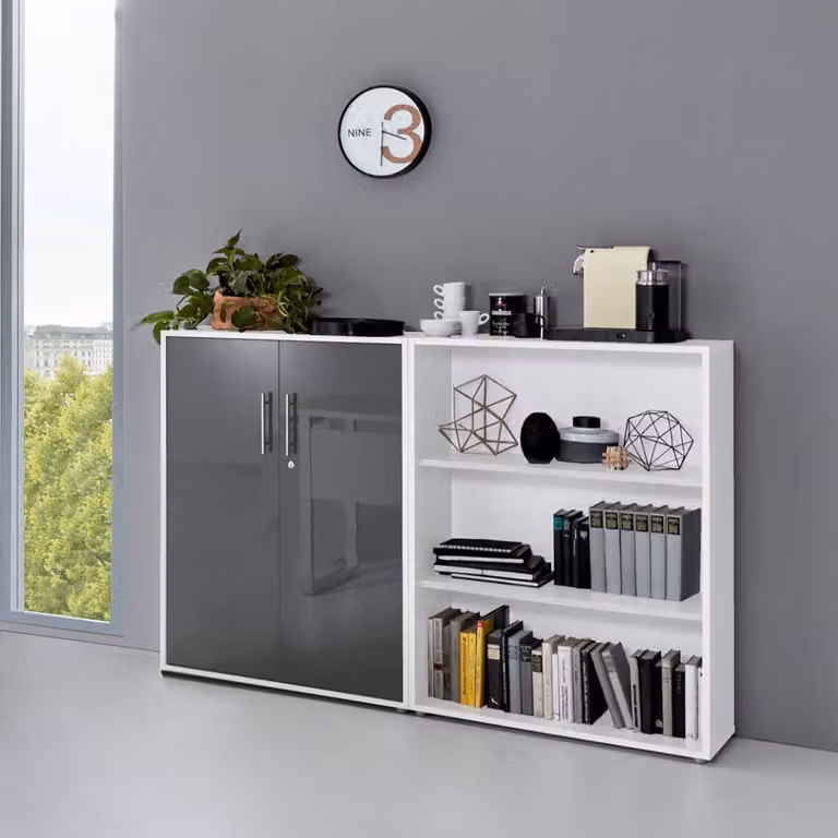 home24 Dossierkast 2-delig met deuren en open vakken, wit/antraciet hoogglans, B/D/H: 114 x 33 x 85 cm