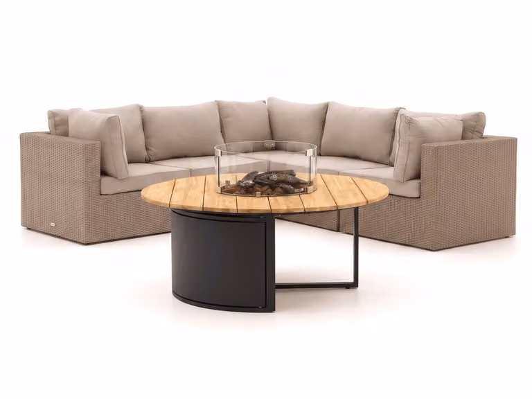 Forza Furniture Hoek loungeset met polyrattan en teak, 6 personen, Beige
