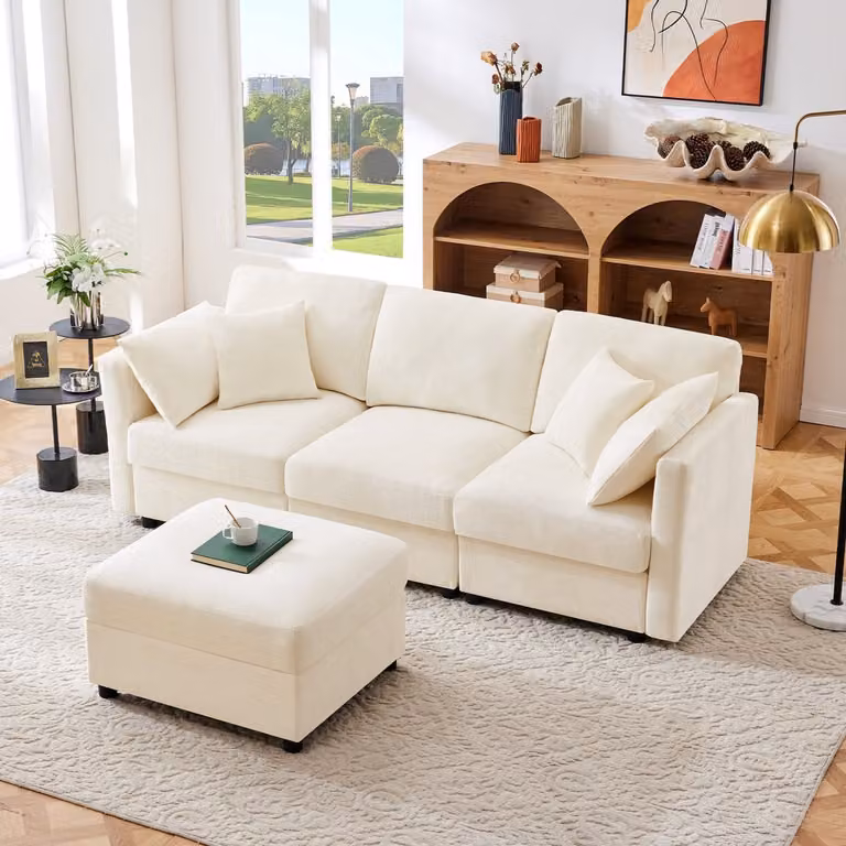 STILVORA Hoekbank - 3-Zits Slaapbank met Voetenbank en Verstelbare Armleuningen - Chenille - Beige - B/D/H: 218 x 156 cm