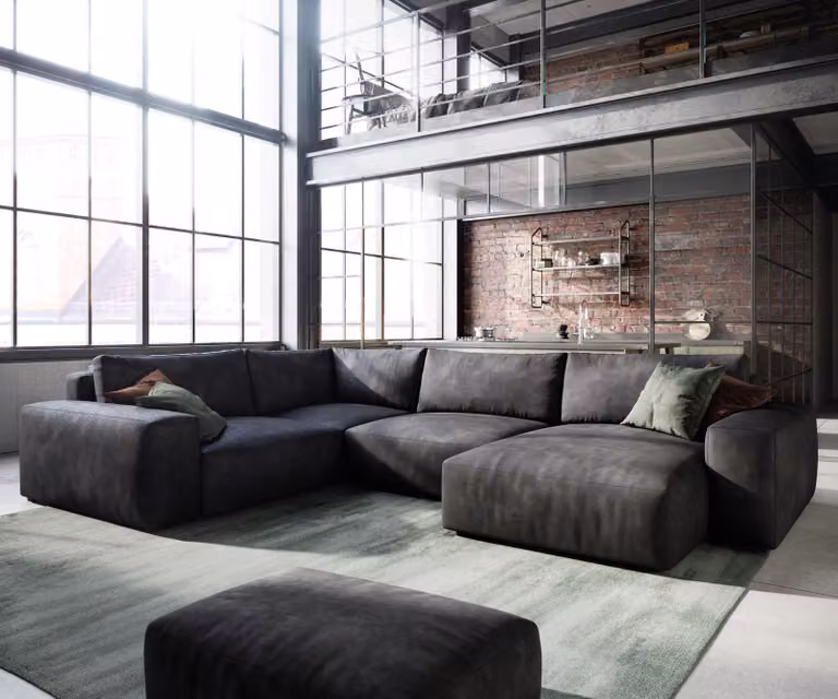 DELIFE Woonlandschap Lanzo Bankstel met Hocker, Antraciet, Kunstleer, B: 303 cm, D: 210 cm, H: 70 cm