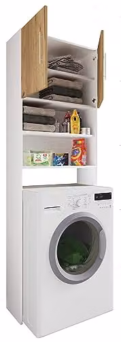 VCM Wasmachinekast Jutas, Witte bovenbouwkast met eikenhouten look voor de badkamer, B: 64 cm, H: 190 cm, D: 25 cm