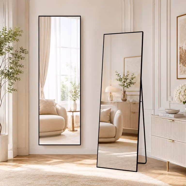 MEXUS Vrijstaande Spiegel Volledige Lengte met Eenvoudig Frame, Zwart, 150 x 40 cm