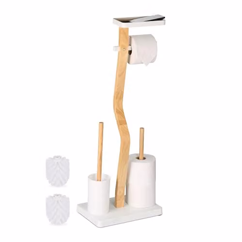 Relaxdays Toiletbutler van bamboe en metaal met wc-borstel en reserverolhouder, wit, B: 80 cm, D: 30 cm, H: 20 cm