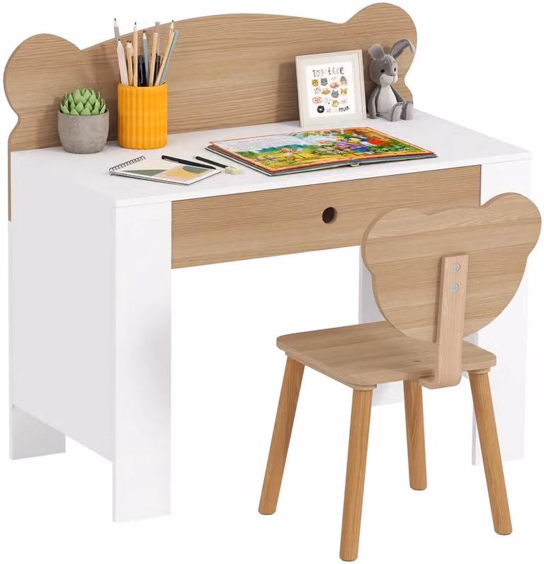 Zenzee Bureauset voor kinderen met bureau, stoel en tafel in natuur, geschikt voor 3-8 jaar