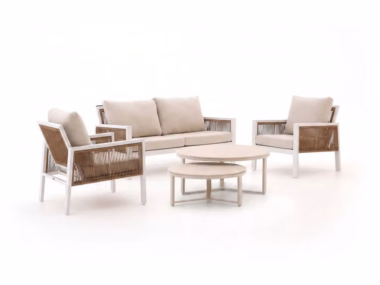 Manifesto Furniture Loungeset voor 4 personen met wit en beige kussens en aluminium frame