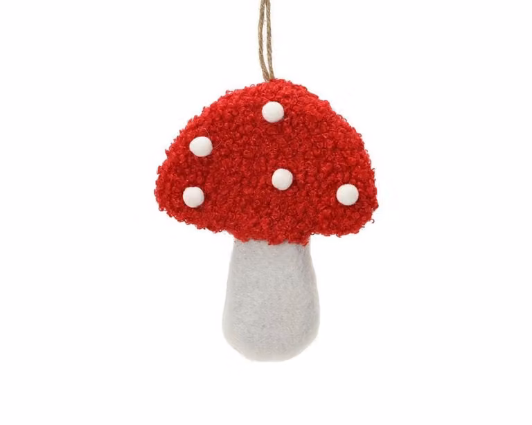 Ronde kersthanger paddenstoel in rood en wit met textiel, Diameter: 10 cm