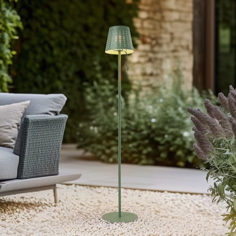 Lindby Hilario LED-vloerlamp op zonne-energie, groen, dimbaar, metaal