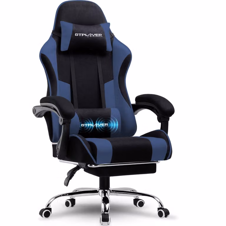 GTPLAYER Gamingstoel met massagefunctie, voetsteun en hoofdsteun, blauw, stoffen bekleding